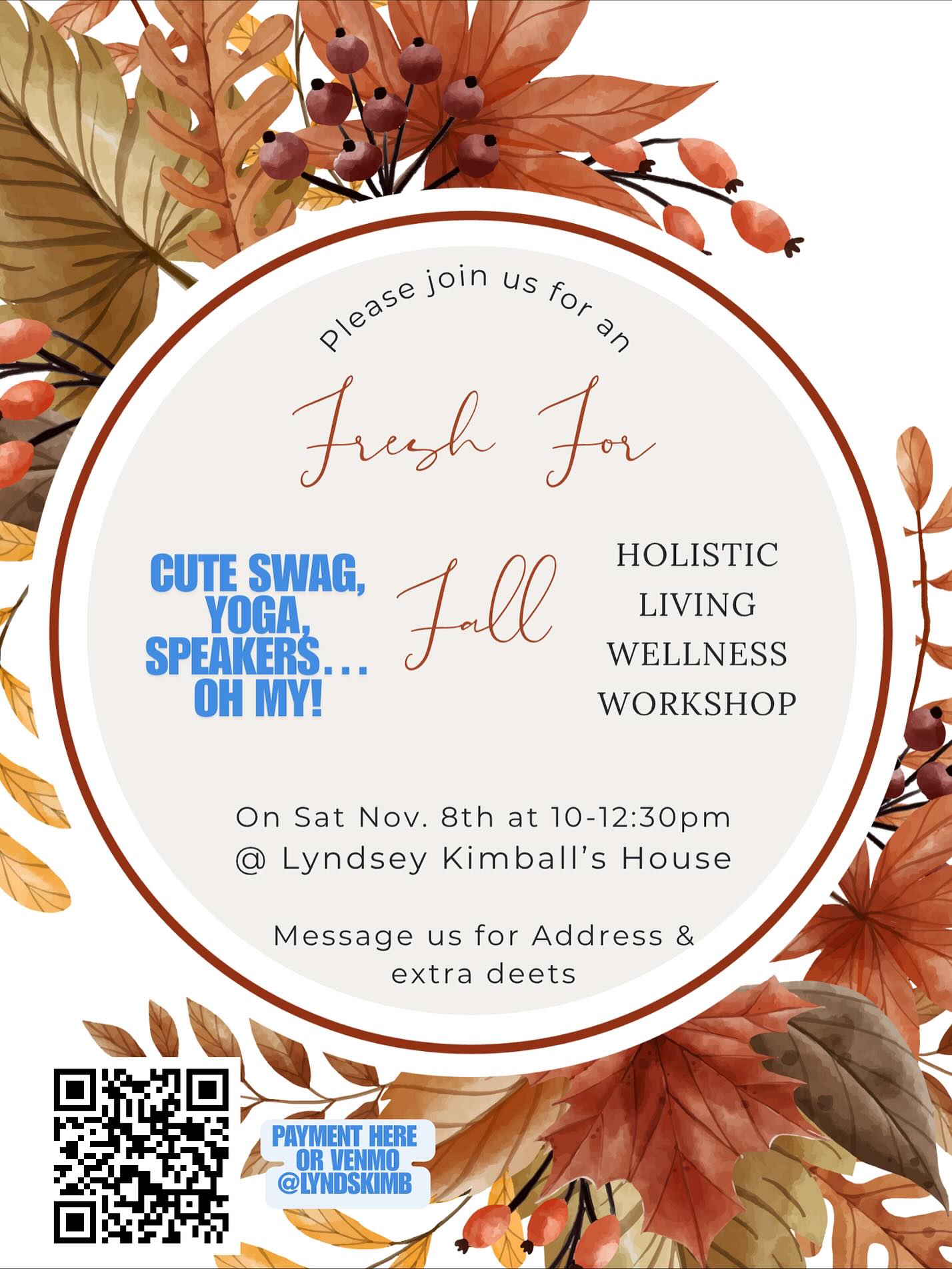 Can’t believe it’s that time again! Holistic Living Wellness Workshop time! Our last one was June and it seems too far away. 😮 (Can’t believe I’ve been apart of these workshops for years. Being with friends and community all looking for healthier living) 

It’s the season of Gratitude so taking time to be in that space as we welcome in new weather, changes and time of year. 🆒

Come be with us for this Fresh for Fall experience and spread a little love around. 🍁